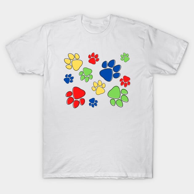 Kids Pawprint Pattern – Red Blue Green Yellow T-Shirt by KoreDemeter14